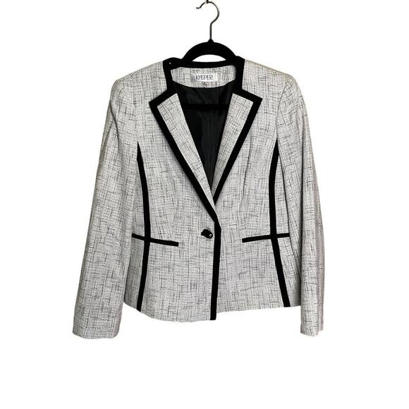 Kasper Tweed Blazer Jacket One Button Peak Lapel Black Trim Gray Womens Size 8 - Picture 1 of 8